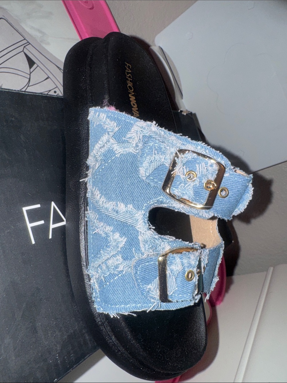 Fashion Nova Light Blue Denim Double Buckle Slide Sandals